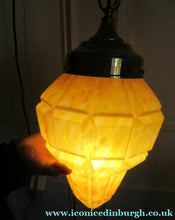 Load image into Gallery viewer, 1930s Art Deco Orange and White Mottled Glass. Marble Effect Hanging Lantern. Brass Chains and Fittings 
