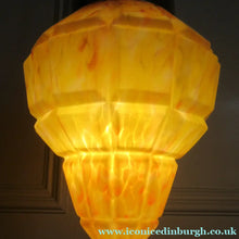 Load image into Gallery viewer, 1930s Art Deco Orange and White Mottled Glass. Marble Effect Hanging Lantern. Brass Chains and Fittings 
