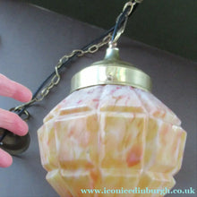 Load image into Gallery viewer, 1930s Art Deco Orange and White Mottled Glass. Marble Effect Hanging Lantern. Brass Chains and Fittings 
