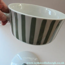 Load image into Gallery viewer, Vintage 1930s DANISH Lyngbay Porcelain Lidded Bowl with Carrying Handle and Grey Stripes
