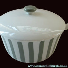 Load image into Gallery viewer, Vintage 1930s DANISH Lyngbay Porcelain Lidded Bowl with Carrying Handle and Grey Stripes
