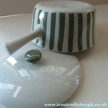 Load image into Gallery viewer, Vintage 1930s DANISH Lyngbay Porcelain Lidded Bowl with Carrying Handle and Grey Stripes
