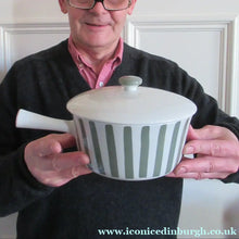 Load image into Gallery viewer, Vintage 1930s DANISH Lyngbay Porcelain Lidded Bowl with Carrying Handle and Grey Stripes
