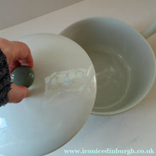 Load image into Gallery viewer, Vintage 1930s DANISH Lyngbay Porcelain Lidded Bowl with Carrying Handle and Grey Stripes
