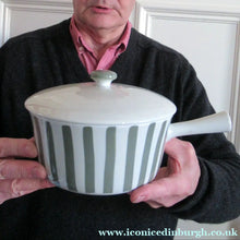 Load image into Gallery viewer, Vintage 1930s DANISH Lyngbay Porcelain Lidded Bowl with Carrying Handle and Grey Stripes
