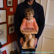 Load image into Gallery viewer, Vintage 1930s Plaster Figurine of a Kneeling Boy with Display Tray. Interesting Shop Window Display Item
