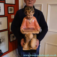 Load image into Gallery viewer, Vintage 1930s Plaster Figurine of a Kneeling Boy with Display Tray. Interesting Shop Window Display Item
