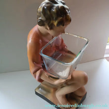 Load image into Gallery viewer, Vintage 1930s Plaster Figurine of a Kneeling Boy with Display Tray. Interesting Shop Window Display Item
