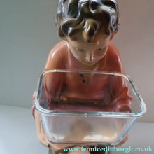 Load image into Gallery viewer, Vintage 1930s Plaster Figurine of a Kneeling Boy with Display Tray. Interesting Shop Window Display Item
