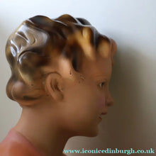Load image into Gallery viewer, Vintage 1930s Plaster Figurine of a Kneeling Boy with Display Tray. Interesting Shop Window Display Item
