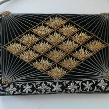 Load image into Gallery viewer, Fine Vintage 1940s Indian ZARDOSI Gold and Silver Embroidered Handbag. Black Velvet Body

