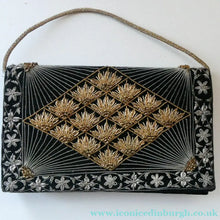 Load image into Gallery viewer, Fine Vintage 1940s Indian ZARDOSI Gold and Silver Embroidered Handbag. Black Velvet Body
