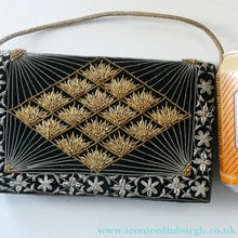 Load image into Gallery viewer, Fine Vintage 1940s Indian ZARDOSI Gold and Silver Embroidered Handbag. Black Velvet Body
