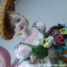 Load image into Gallery viewer, Vintage 1940s Italian Porcelain Figurine of a Lady Carrying a Basket of Flowers. Possibly Capodimonte
