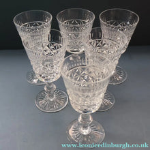 Load image into Gallery viewer, Vintage 1950s / 1960s Edinburgh Crystal White Wine Glasses. Rarer ROYAL SCOT Pattern. Set of Six.  5 7/8 inches
