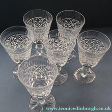 Load image into Gallery viewer, Vintage 1950s / 1960s Edinburgh Crystal White Wine Glasses. Rarer ROYAL SCOT Pattern. Set of Six.  5 7/8 inches
