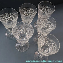 Load image into Gallery viewer, Vintage 1950s / 1960s Edinburgh Crystal White Wine Glasses. Rarer ROYAL SCOT Pattern. Set of Six.  5 7/8 inches

