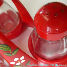 Load image into Gallery viewer, Vintage 1950s Red Plastic Atomic / Space Age Cruet Set with Stand
