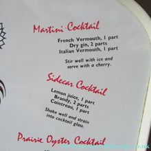 Load image into Gallery viewer, Vintage 1950s Melamine Bar Tray with Six Cocktail Recipes. Stylized Images of Two Cockerels 
