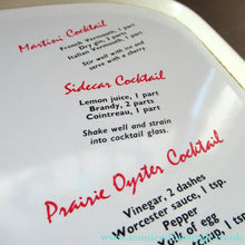 Load image into Gallery viewer, Vintage 1950s Melamine Bar Tray with Six Cocktail Recipes. Stylized Images of Two Cockerels 
