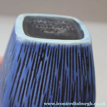 Load image into Gallery viewer, Vintage 1950s NORWEGIAN AWF (Arnold Wiigs Fabrikker) Angular Blue Pottery Vase with Abstract Decoration - European
