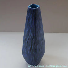 Load image into Gallery viewer, Vintage 1950s NORWEGIAN AWF (Arnold Wiigs Fabrikker) Angular Blue Pottery Vase with Abstract Decoration - European
