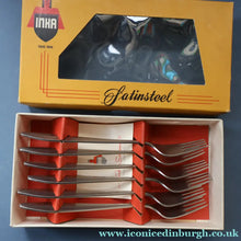 Load image into Gallery viewer, Vintage 1950s NORWEGIAN Norstaal INKA Brushed Stainless Steel Cutlery. 6  Fish Forks
