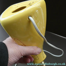 Load image into Gallery viewer, Vintage 1950s Pottery Table Lamp with White Drum Shade. Yellow Triangular Shape with Gold Decoration
