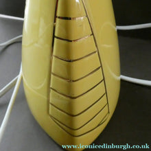 Load image into Gallery viewer, Vintage 1950s Pottery Table Lamp with White Drum Shade. Yellow Triangular Shape with Gold Decoration
