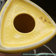Load image into Gallery viewer, Vintage 1950s Pottery Table Lamp with White Drum Shade. Yellow Triangular Shape with Gold Decoration
