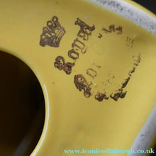 Load image into Gallery viewer, Vintage 1950s Pottery Table Lamp with White Drum Shade. Yellow Triangular Shape with Gold Decoration
