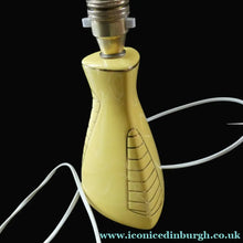 Load image into Gallery viewer, Vintage 1950s Pottery Table Lamp with White Drum Shade. Yellow Triangular Shape with Gold Decoration
