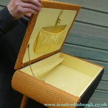 Load image into Gallery viewer, 1950s SHERBOURNE Lidded Sewing Box taking the form of a Stool. With Dansette Style Legs
