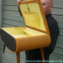 Load image into Gallery viewer, 1950s SHERBOURNE Lidded Sewing Box taking the form of a Stool. With Dansette Style Legs

