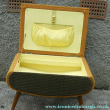 Load image into Gallery viewer, 1950s SHERBOURNE Lidded Sewing Box taking the form of a Stool. With Dansette Style Legs
