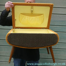 Load image into Gallery viewer, 1950s SHERBOURNE Lidded Sewing Box taking the form of a Stool. With Dansette Style Legs
