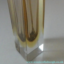 Load image into Gallery viewer, Vintage 1950s Tall Italian SOMMERSO Block Vase. Tall Square Shape with Yellow, Brown &amp; Clear Glass. 7 inches
