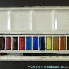 Load image into Gallery viewer, Vintage 1950s WINDSOR &amp; NEWTON Metal Watercolour Box with 12 Full Paint Pans. Original Retail Box
