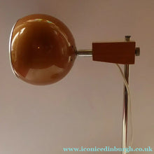 Load image into Gallery viewer, 1960s Belgian Desk Lamp. Copper Enamel Eye Ball / Globe Metal Shade. Teak Base &amp; Fully Adjustable with Finger Switch
