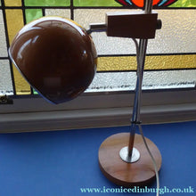 Load image into Gallery viewer, 1960s Belgian Desk Lamp Copper Ball Shade Rise and Fall Arm Eye Ball Shape

