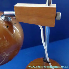 Load image into Gallery viewer, 1960s Belgian Desk Lamp. Copper Enamel Eye Ball / Globe Metal Shade. Teak Base &amp; Fully Adjustable with Finger Switch
