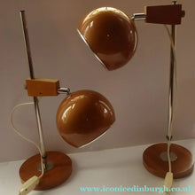 Load image into Gallery viewer, 1960s Belgian Desk Lamp. Copper Enamel Eye Ball / Globe Metal Shade. Teak Base &amp; Fully Adjustable with Finger Switch
