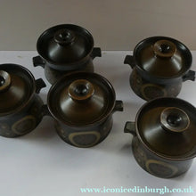 Load image into Gallery viewer, Vintage 1960s DENBY Arabesque FIVE Lidded Soup Bowls by Gill Pemberton
