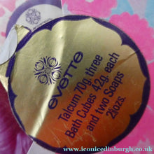 Load image into Gallery viewer, Vintage 1960s FLOWER POWER Cosmetics. 1960s No.23 by Evette. Powder, Soaps and Bath Cubes 
