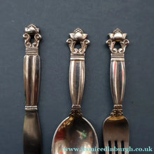 Load image into Gallery viewer, Vintage 1960s GEORG JENSEN Solid Silver Child's Cutlery Set (Small Spoon, Knife and Fork). ACORN PATTERN
