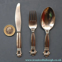 Load image into Gallery viewer, Vintage 1960s GEORG JENSEN Solid Silver Child's Cutlery Set (Small Spoon, Knife and Fork). ACORN PATTERN
