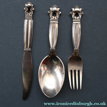 Load image into Gallery viewer, Vintage 1960s GEORG JENSEN Solid Silver Child's Cutlery Set (Small Spoon, Knife and Fork). ACORN PATTERN
