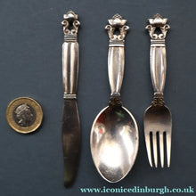 Load image into Gallery viewer, Vintage 1960s GEORG JENSEN Solid Silver Child's Cutlery Set (Small Spoon, Knife and Fork). ACORN PATTERN
