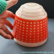 Load image into Gallery viewer, Vintage 1960s Glass Lamp Shade. White Glass with Printed Red Polka Dot Pattern
