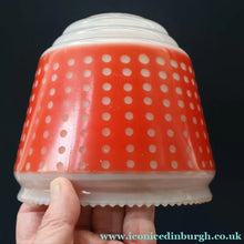 Load image into Gallery viewer, Vintage 1960s Glass Lamp Shade. White Glass with Printed Red Polka Dot Pattern
